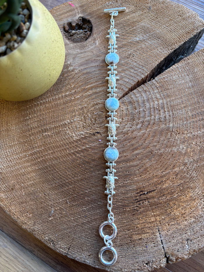 Handmade Larimar Natural Round 3-Stone Sea Turtle Accent Sterling Silver Chain Bracelet