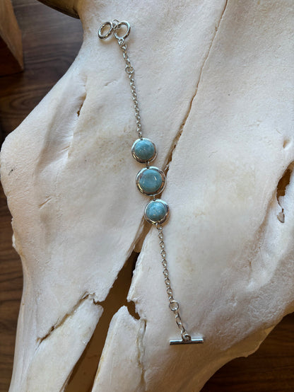 Handmade Larimar Natural Round 3-Stone Sterling Silver Chain Bracelet