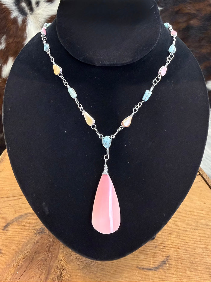 Handmade Larimar Natural Stone & Conch Pendant Silver Chain Necklace
