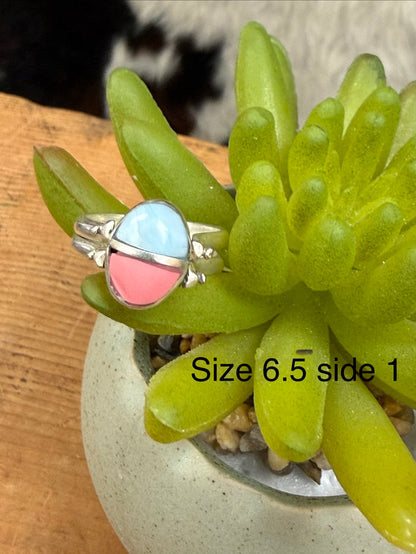 Handmade Women's Larimar Natural Stone & Conch Reversible Sterling Silver Double Band Ring