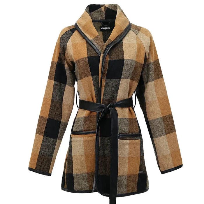 Hooey Women's Tulia Black & Brown Buffalo Plaid Jacquard Wrap Duster Jacket HJ148BRBK