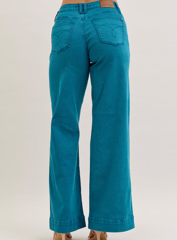 Judy Blue Women's Teal Denim Mid-Rise Utility Wide Leg Jeans 881061