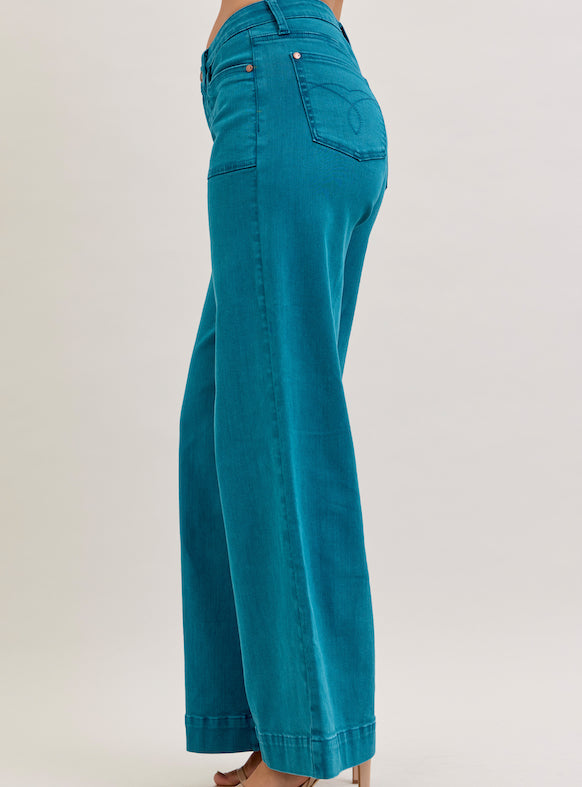 Judy Blue Women's Teal Denim Mid-Rise Utility Wide Leg Jeans 881061