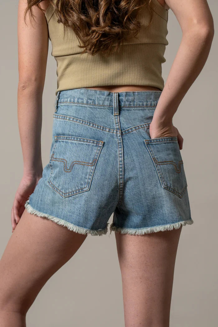 Kimes Ranch Women's Daisy Distressed Denim Mid Wash High-Rise 2.75" Inseam Raw Hem Shorts