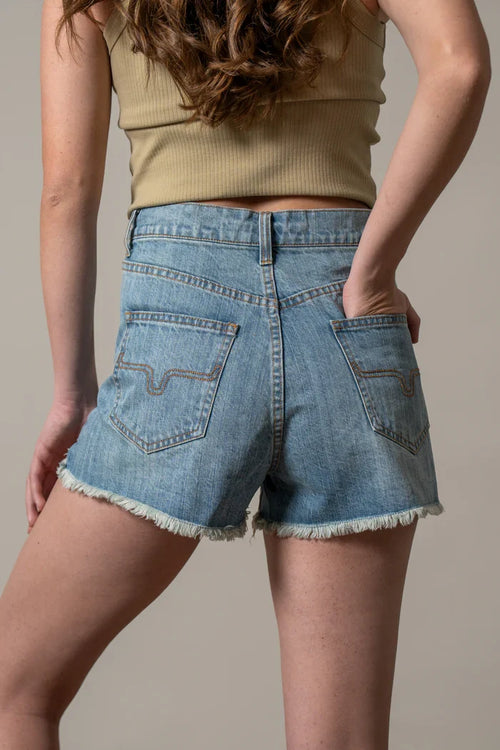 Kimes Ranch Women's Daisy Distressed Denim Mid Wash High-Rise 2.75" Inseam Raw Hem Shorts