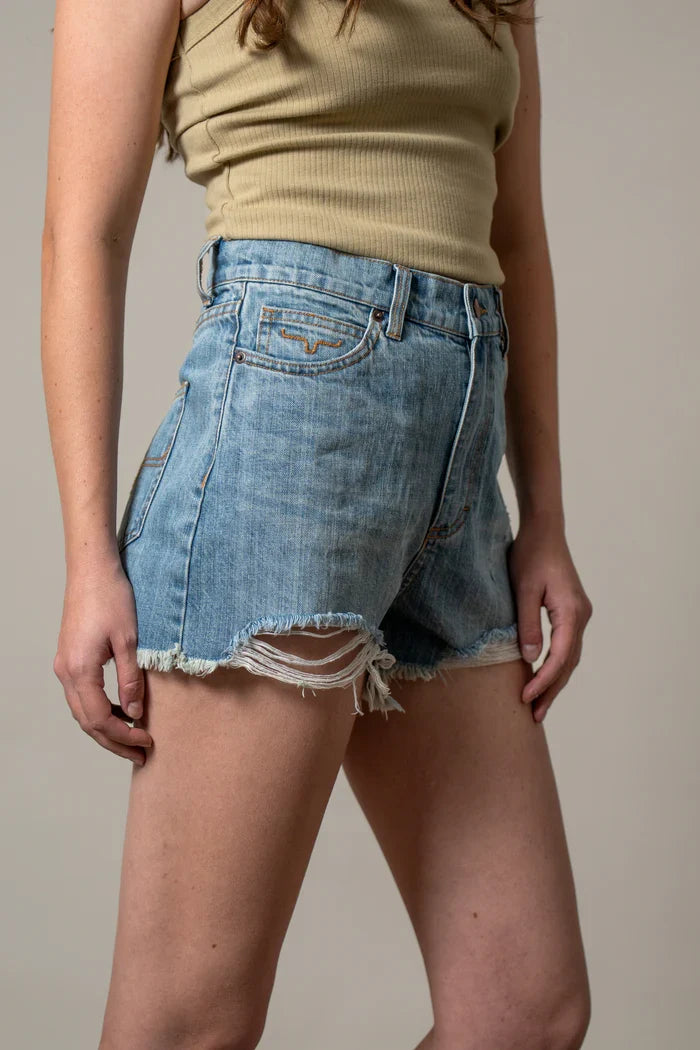 Kimes Ranch Women's Daisy Distressed Denim Mid Wash High-Rise 2.75" Inseam Raw Hem Shorts