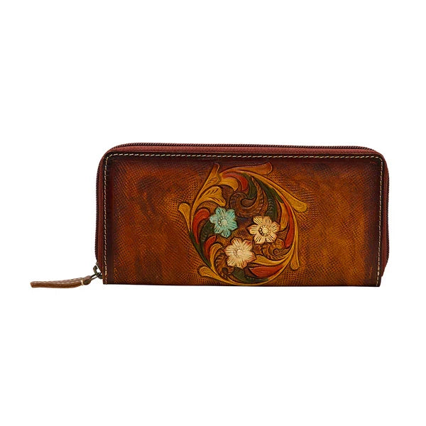 Myra Bag Brown Floral Circular Tooled Genuine Leather Wallet S-5845