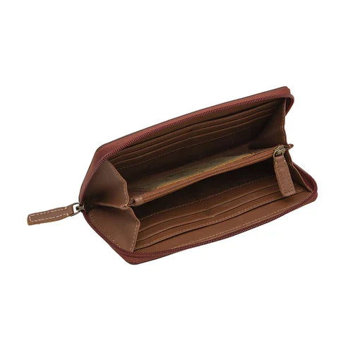 Myra Bag Brown Floral Circular Tooled Genuine Leather Wallet S-5845
