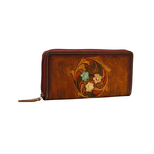 Myra Bag Brown Floral Circular Tooled Genuine Leather Wallet S-5845