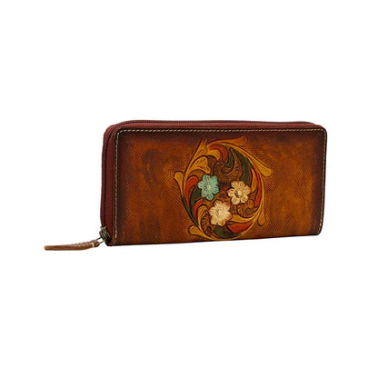 Myra Bag Brown Floral Circular Tooled Genuine Leather Wallet S-5845