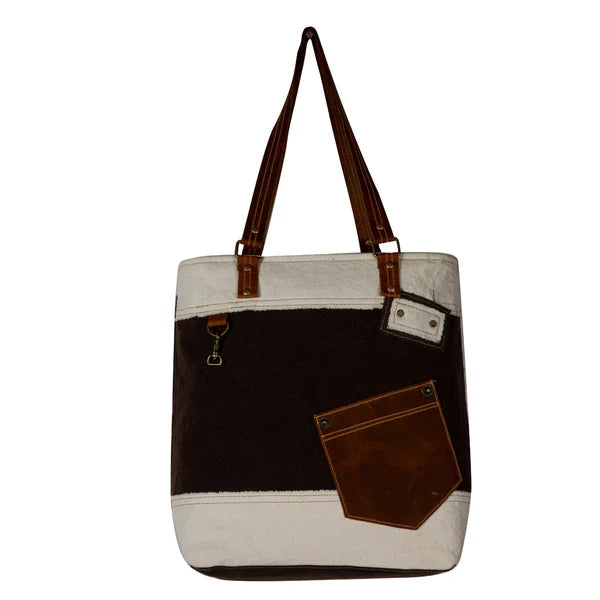 Myra Bag Brown & White Designer Duo Canvas & Leather Tote Bag S-7892