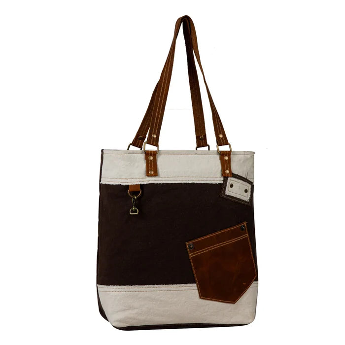 Myra Bag Brown & White Designer Duo Canvas & Leather Tote Bag S-7892