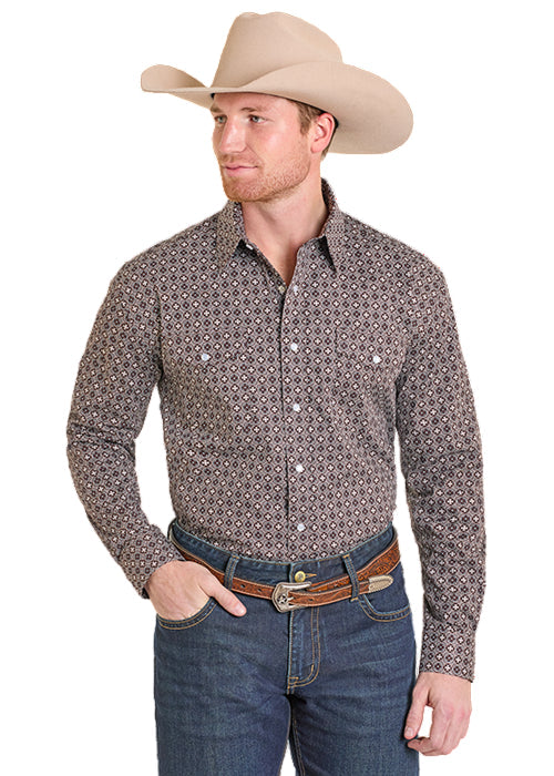 Panhandle Slim Men's Brown Medallion Geo Print Pearl Snap Long Sleeve Western Shirt SMN2S07615 SXN2S07615