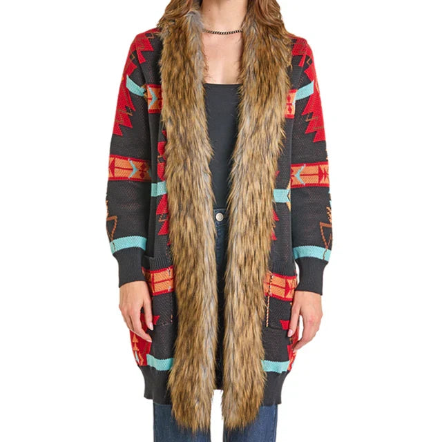 Panhandle Slim Women's Black & Red Aztec Print Faux Fur Duster Cardigan LW95T07108