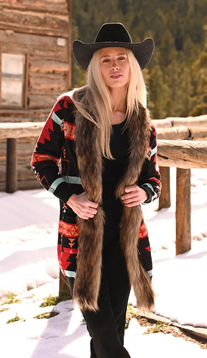 Panhandle Slim Women's Black & Red Aztec Print Faux Fur Duster Cardigan LW95T07108