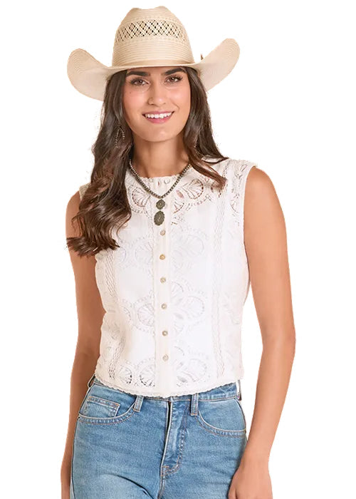 Panhandle Slim Women's Ivory Lace Front Button Cropped Sleeveless Tank Top  LWN0S08836