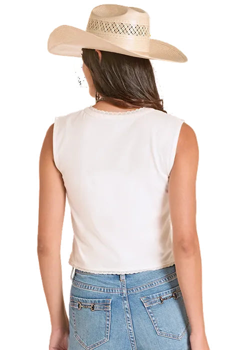 Panhandle Slim Women's Ivory Lace Front Button Cropped Sleeveless Tank Top  LWN0S08836