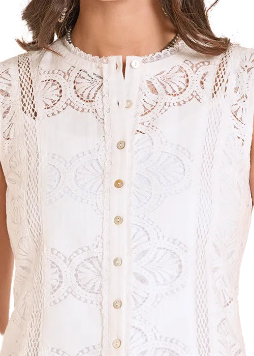 Panhandle Slim Women's Ivory Lace Front Button Cropped Sleeveless Tank Top  LWN0S08836