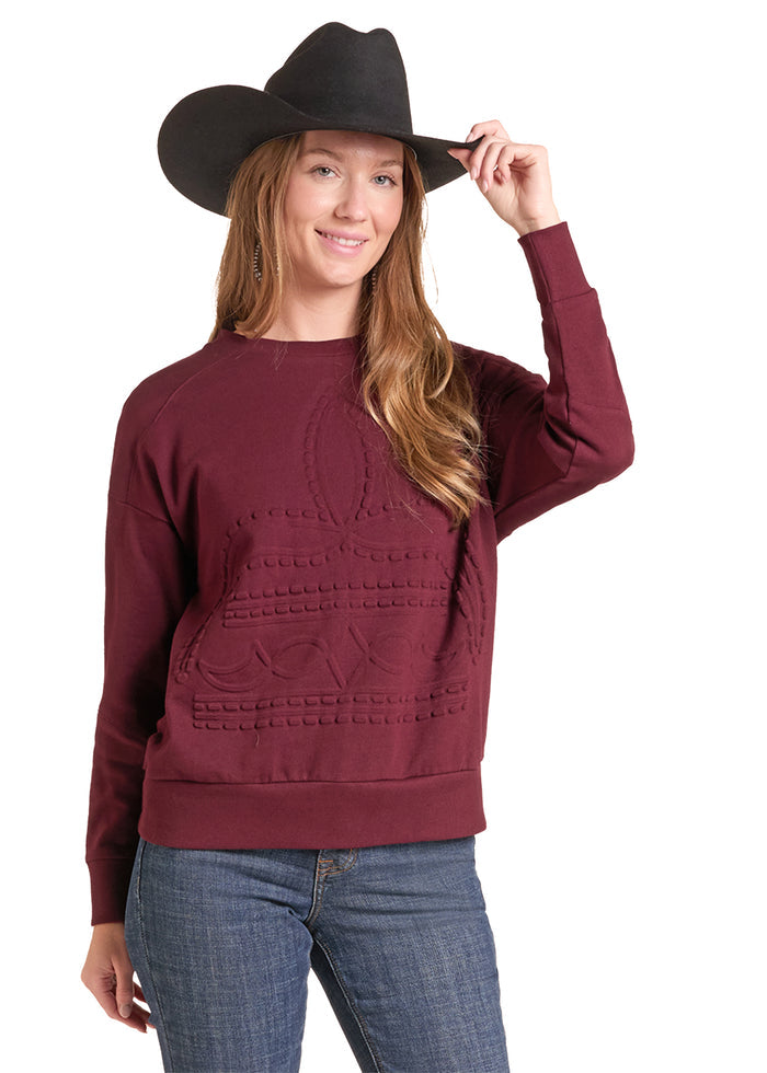 Panhandle Slim Women's Wine Bootstitch Embossed Long Sleeve Pullover LW32T07937