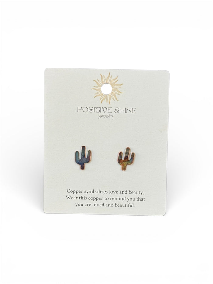 Positive Shine Jewelry Mini Cactus Fire-Painted Copper Stud Earrings