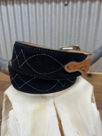 R. Watson Men's Black Roughout Single Embroidery with Natural Tanned Billets Western Belt RWB2503