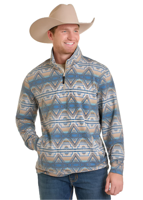 Rock and Roll Cowboy Men's Tan & Blue Aztec Stripe Pullover BM91T07312