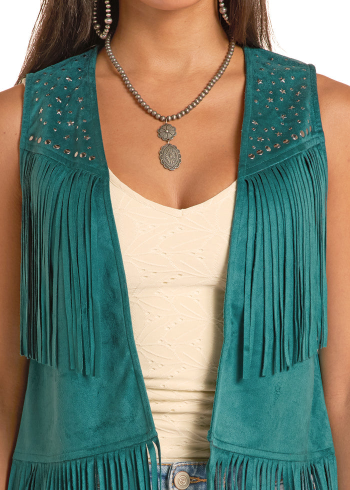 Rock and Roll Cowgirl Women's Teal Star & Round Stud Microsuede Fringe Western Vest  BW98C8787