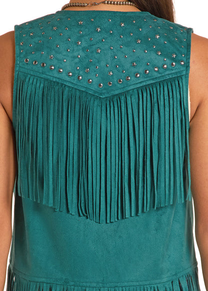 Rock and Roll Cowgirl Women's Teal Star & Round Stud Microsuede Fringe Western Vest  BW98C8787