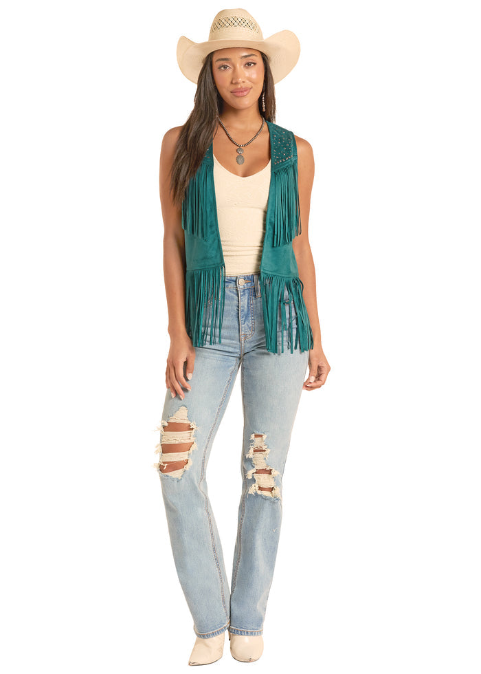 Rock and Roll Cowgirl Women's Teal Star & Round Stud Microsuede Fringe Western Vest  BW98C8787