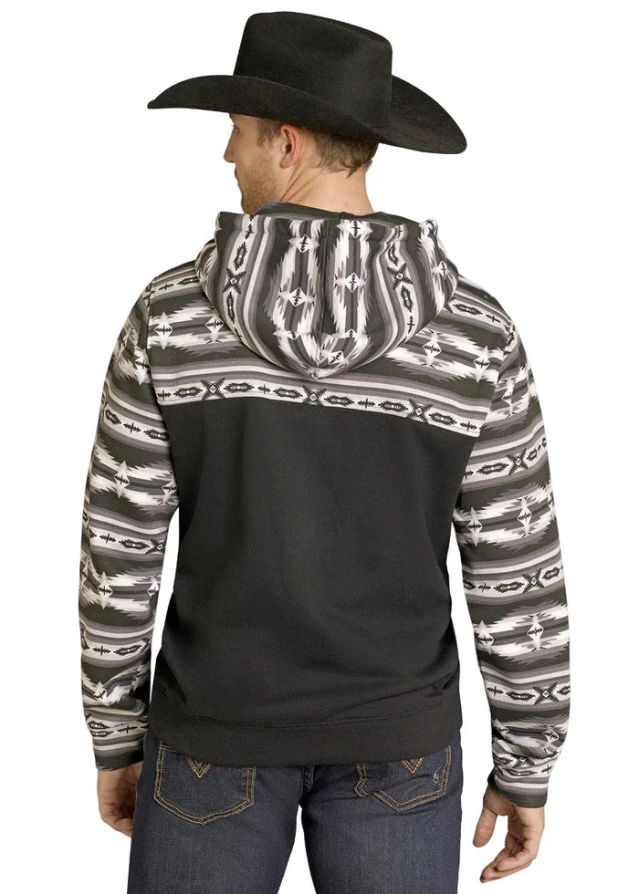 Rock & Roll Cowboy Men's Black Color Blocked Aztec Print Western 1/4 Snap Hoodie BM94T07703