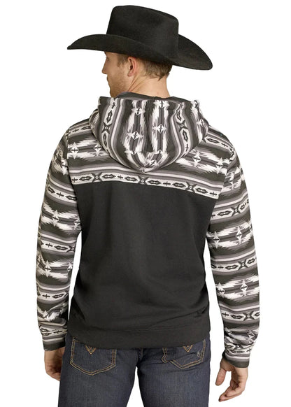 Rock & Roll Cowboy Men's Black Color Blocked Aztec Print Western 1/4 Snap Hoodie BM94T07703