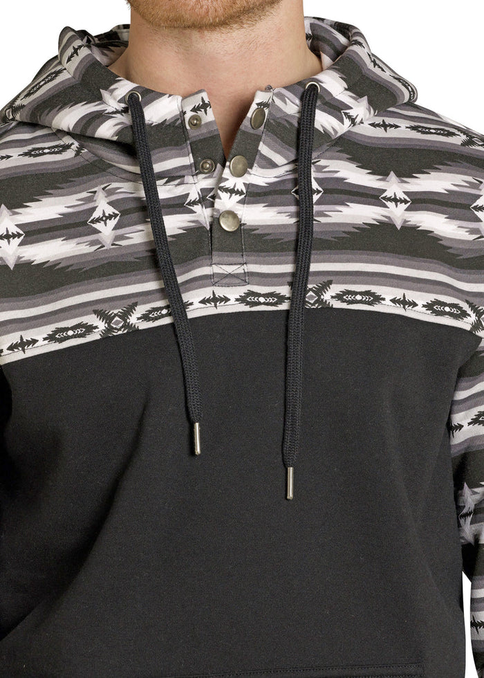 Rock & Roll Cowboy Men's Black Color Blocked Aztec Print Western 1/4 Snap Hoodie BM94T07703