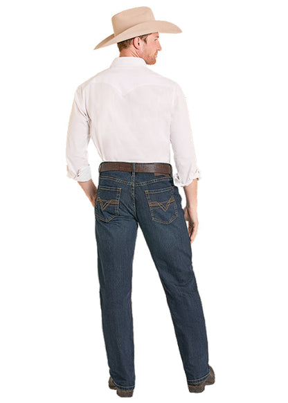 Rock & Roll Cowboy Men's Dark Wash Double Barrel Pleather Emblem Stackable Boot Cut Jeans BMTBD08006