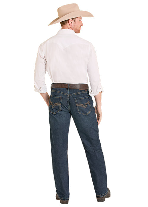 Rock & Roll Cowboy Men's Dark Wash Double Barrel Pleather Emblem Stackable Boot Cut Jeans BMTBD08006
