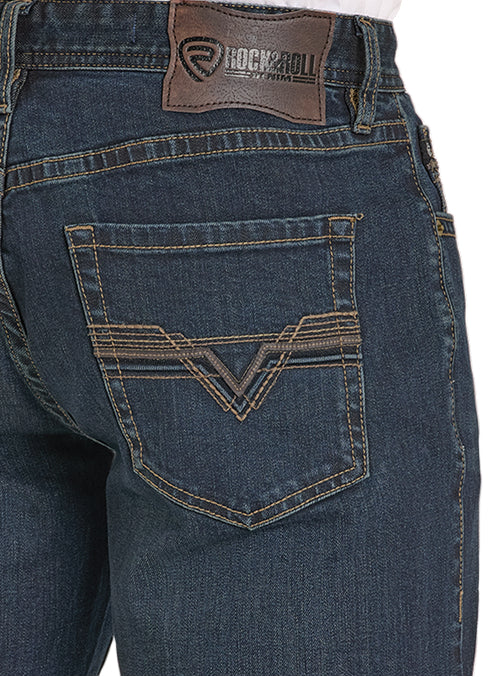 Rock & Roll Cowboy Men's Dark Wash Double Barrel Pleather Emblem Stackable Boot Cut Jeans BMTBD08006