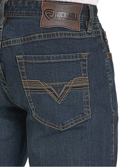 Rock & Roll Cowboy Men's Dark Wash Double Barrel Pleather Emblem Stackable Boot Cut Jeans BMTBD08006