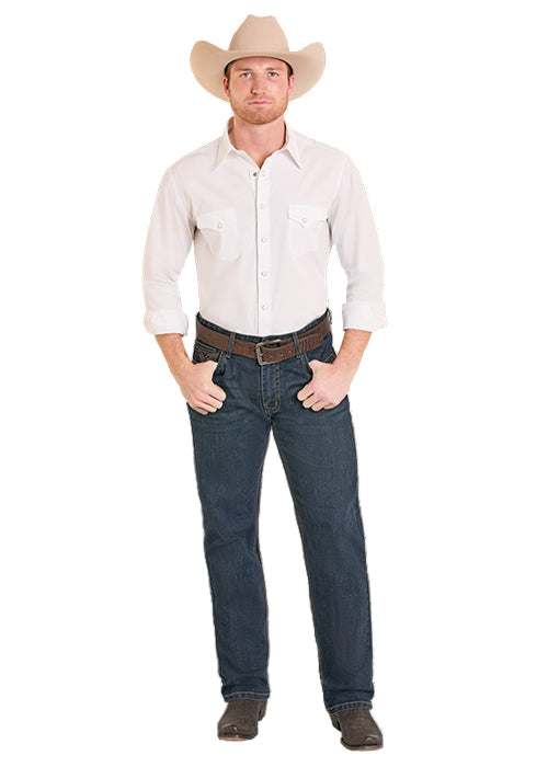 Rock & Roll Cowboy Men's Dark Wash Double Barrel Pleather Emblem Stackable Boot Cut Jeans BMTBD08006