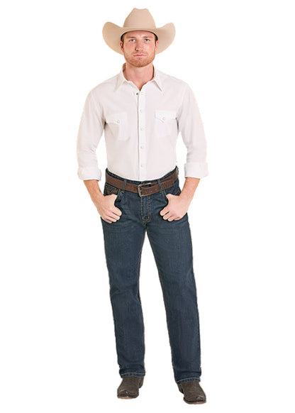 Rock & Roll Cowboy Men's Dark Wash Double Barrel Pleather Emblem Stackable Boot Cut Jeans BMTBD08006