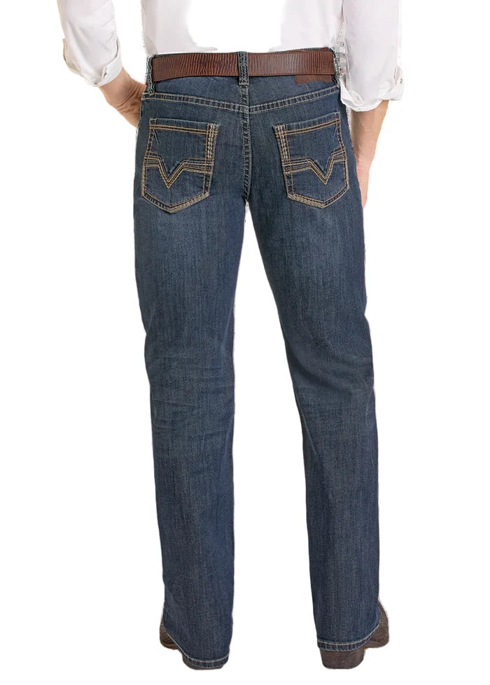 Rock & Roll Cowboy Men's Dark Wash Two Tone Relaxed Fit Double Barrel Straight Jeans BM0SD07353
