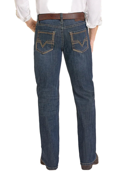 Rock & Roll Cowboy Men's Dark Wash Two Tone Relaxed Fit Double Barrel Straight Jeans BM0SD07353
