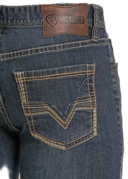 Rock & Roll Cowboy Men's Dark Wash Two Tone Relaxed Fit Double Barrel Straight Jeans BM0SD07353