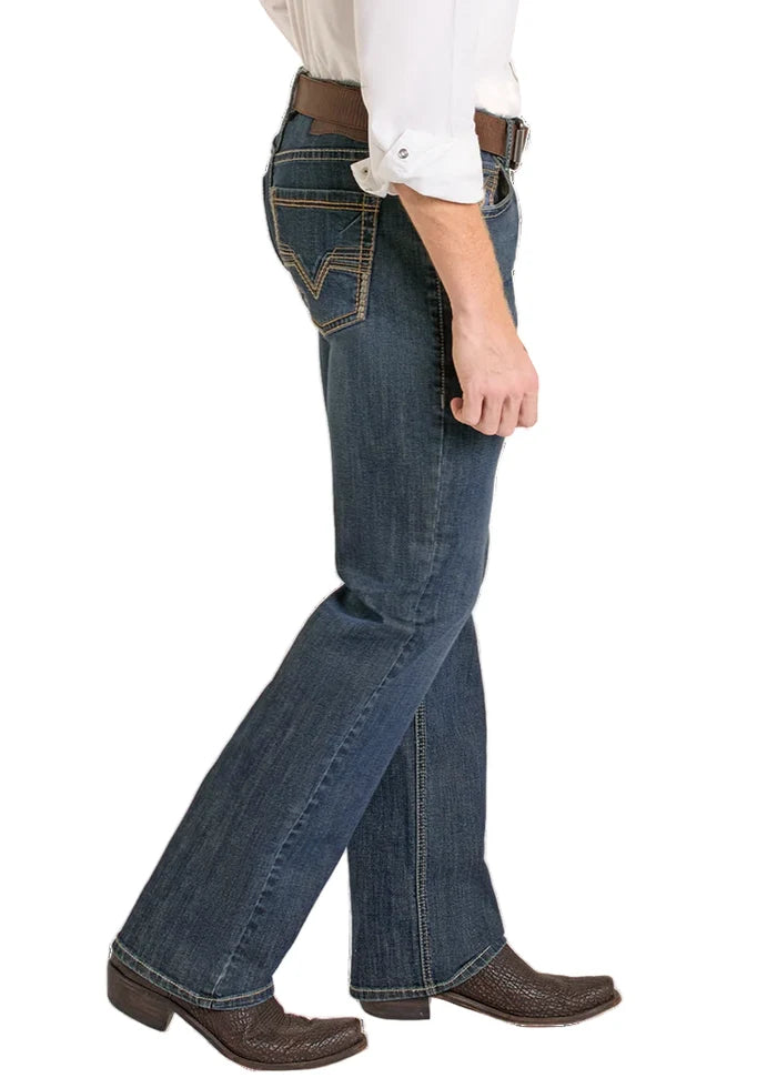 Rock & Roll Cowboy Men's Dark Wash Two Tone Relaxed Fit Double Barrel Straight Jeans BM0SD07353