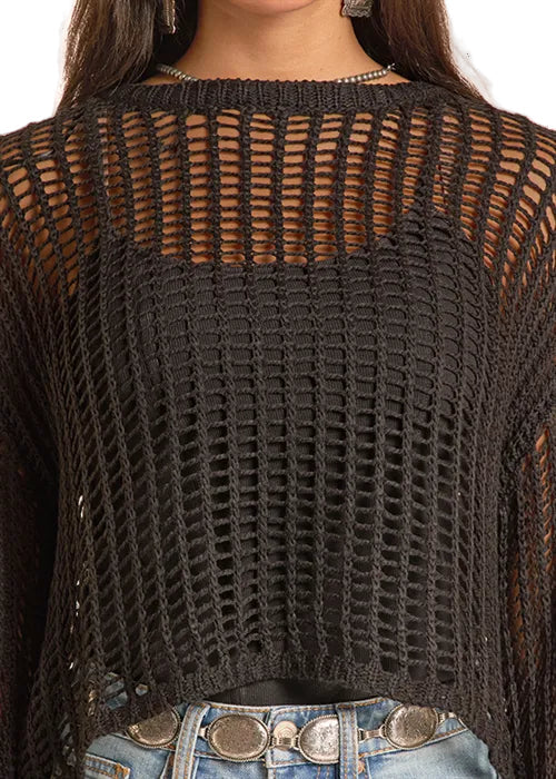 Rock & Roll Cowgirl Black Open Knit Cropped Long Sleeve Sweater BW32T08803