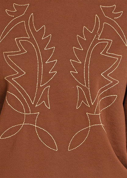 Rock & Roll Cowgirl Women's Brown Boot Stitch Embroidered Oversized Pullover BW91T07780