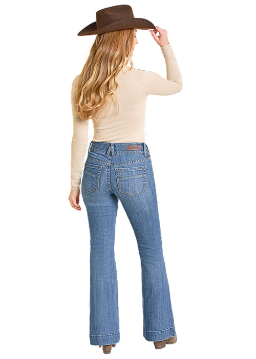 Rock & Roll Cowgirl Women's Flawless Fit Medium Wash Double Button Trouser Jeans BW5MD0789
