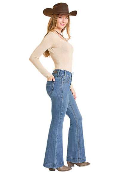 Rock & Roll Cowgirl Women's Flawless Fit Medium Wash Double Button Trouser Jeans BW5MD0789