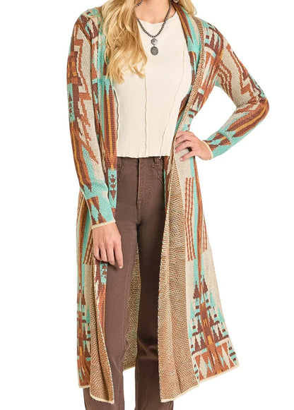 Rock & Roll Cowgirl Women's Tan Aztec Print Duster Cardigan BW95T06954