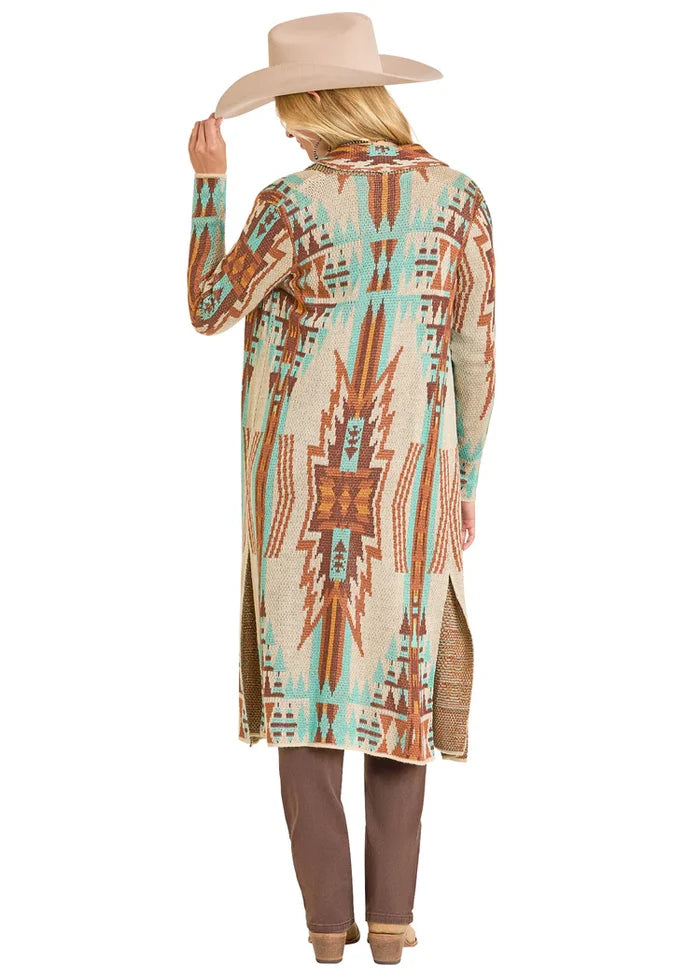Rock & Roll Cowgirl Women's Tan Aztec Print Duster Cardigan BW95T06954