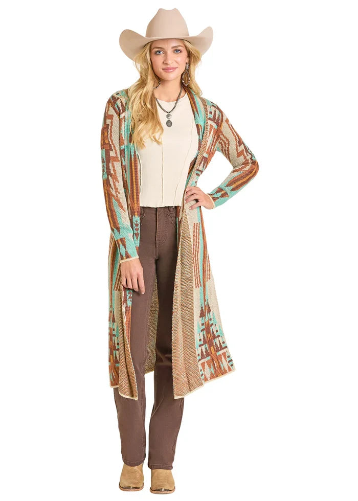 Rock & Roll Cowgirl Women's Tan Aztec Print Duster Cardigan BW95T06954