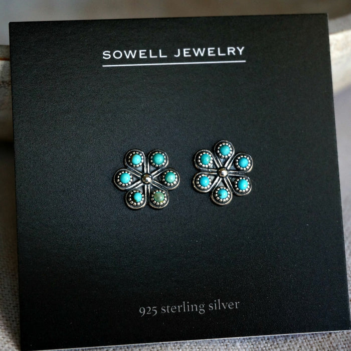 Sowell Jewelry Iris Flower Turquoise Sterling Silver Stud Earrings E1703